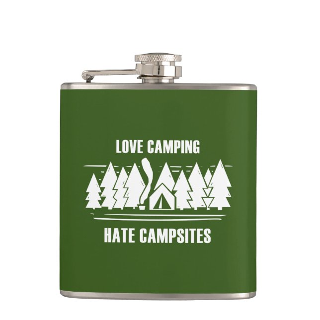 Älskar camping, hatar campinganläggningar fickplunta (Framsidan)