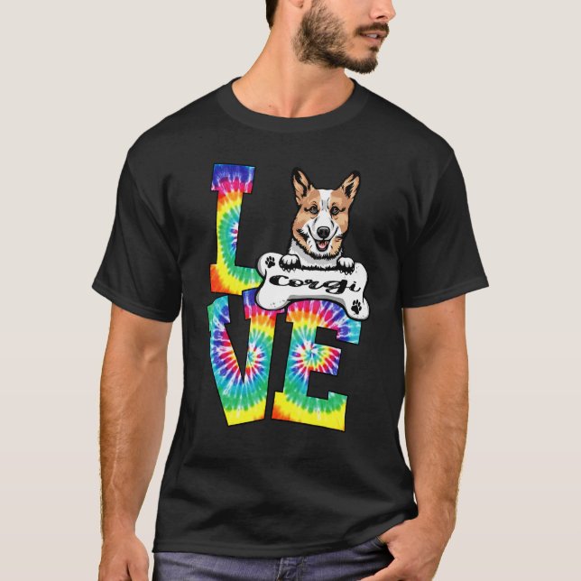 Älskar Corgi Tie Dye Regnbåge Hund T Shirt (Framsida)
