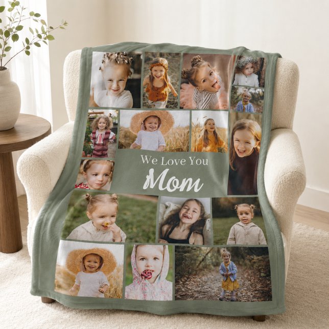 Älskar dig mamma Foto Sagegrön kollaž Fleecefilt (Skapare uppladdad)