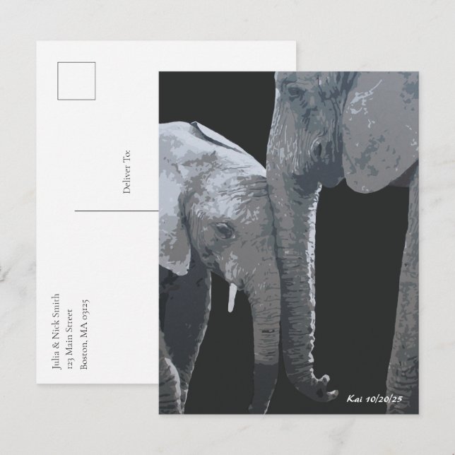 Älskar dig mer, Elefant Originalkonst Vykort (Fram/baksida)