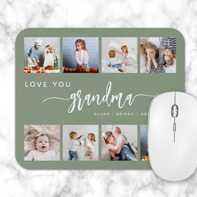 Älskar dig mormor 8 fotokollage Sagegrön Musmatta (Skapare uppladdad)