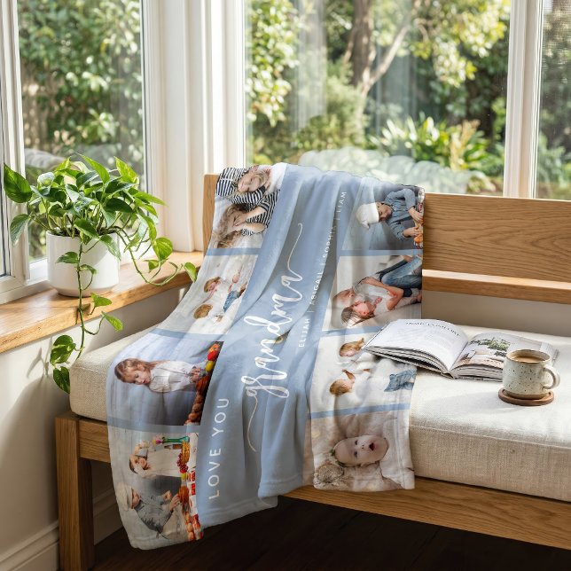 Älskar dig mormor 8 Fotosammanställning dammig blå Fleecefilt (Skapare uppladdad)