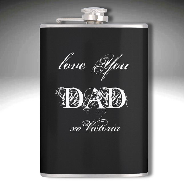 'Älskar dig pappa' Från...Anpassad Vit Svart Silve Fickplunta (Simple & Heartfelt.   'Love You Dad' from someone who really cares.)