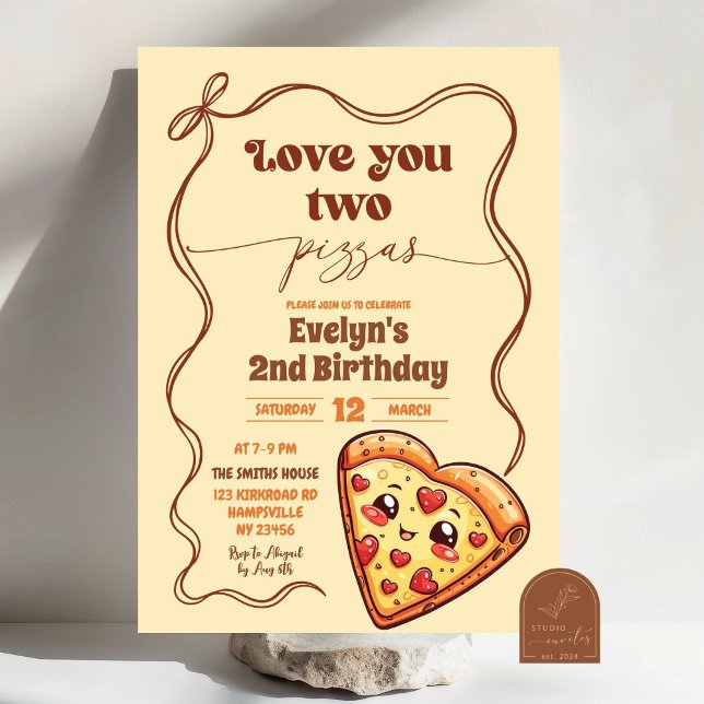 Älskar er två Pizzas Bow Andra födelsedagsfest Inbjudningar (Skapare uppladdad)