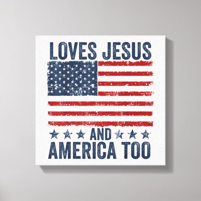 Älskar Jesus och Amerika också Gud Kristna 4 juli Canvastryck (Framsida)