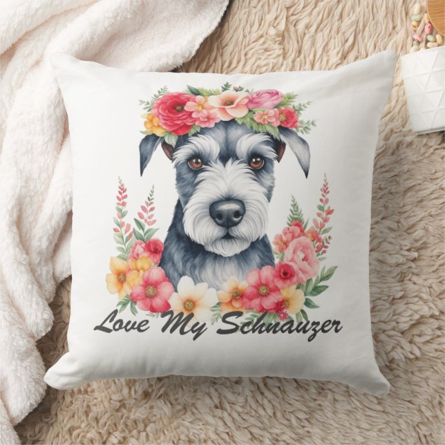 Älskar Min Schnauzer Blommig Kudde (Filt)