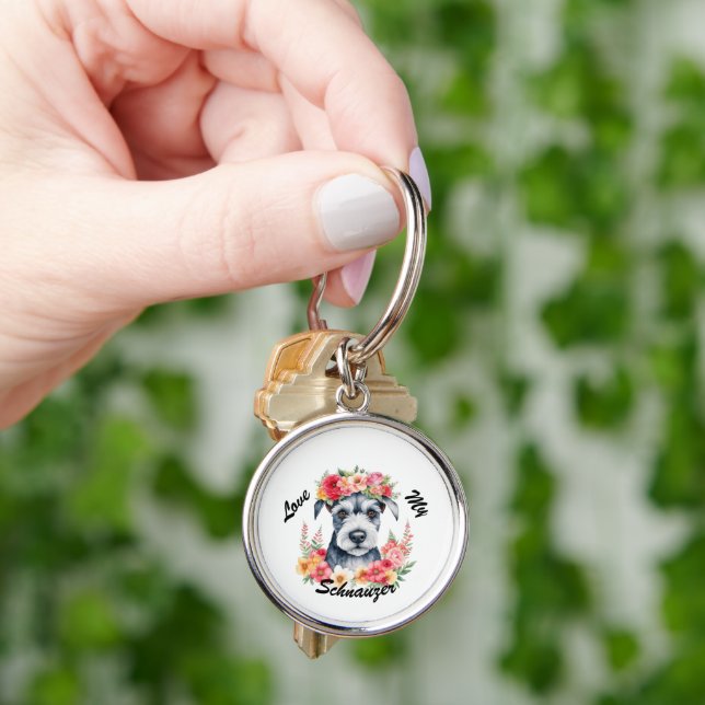 Älskar Min Schnauzer Blommig Rund Silverfärgad Nyckelring (Hand)