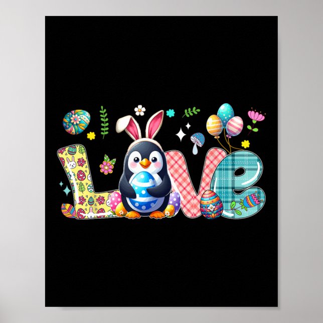 Älskar Påskharen Pingvin Jakt Ägg Blommor Kol Poster (Framsidan)