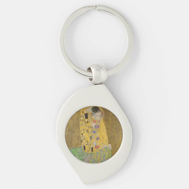 Älskare Kissing Embrace av Gustav Klimt Swirl Silverfärgad Nyckelring (Framsidan)