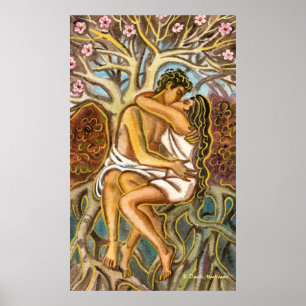 Älskare kysser varandra under ett blommande träd poster