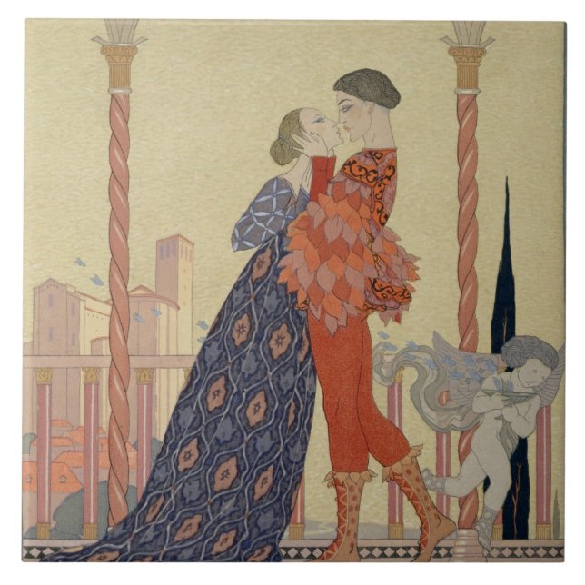 Älskare på en balkong (w/c på papper) kakelplatta (Framsidan)