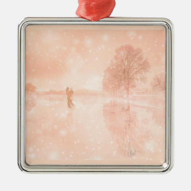 Älskare på en frusen damm julgransprydnad metall (Framsidan)