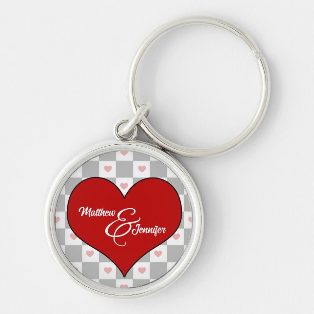 Älskare Red Heart Checkerboard med Namn Rund Silverfärgad Nyckelring (Framsidan)