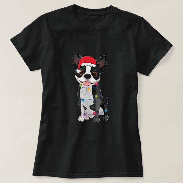 Älskare Santa Funny Boston Terrier Santa Hat Lig T Shirt (Design framsida)
