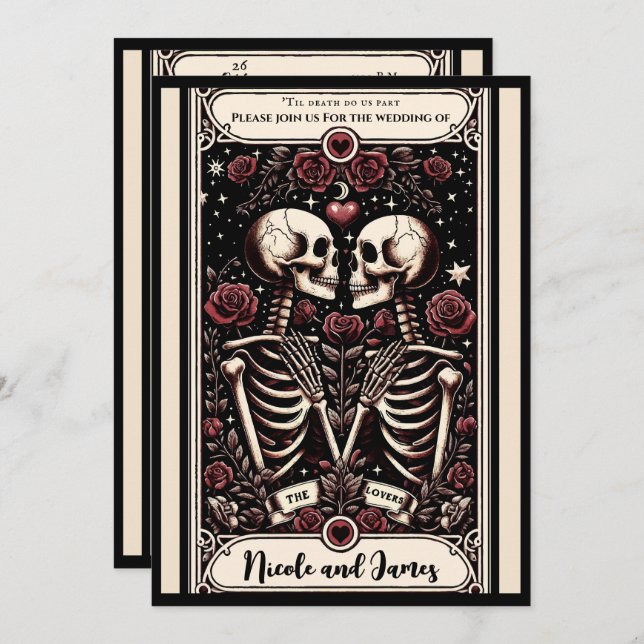 ÄLSKARE Tarot Skeleton Kärlek Röd ros Bröllop Inbjudningar (Fram/baksida)