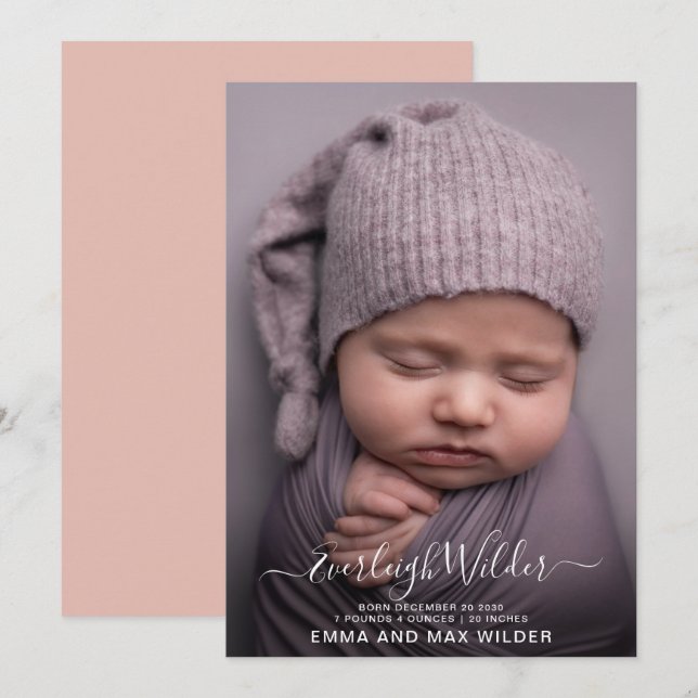 Älsklig babyfoto skript överlägg födsel  meddelande (Fram/baksida)