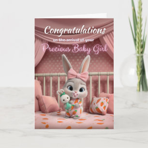 Älsklig kanin bebis i rosa Grattis på bebis flicka Kort