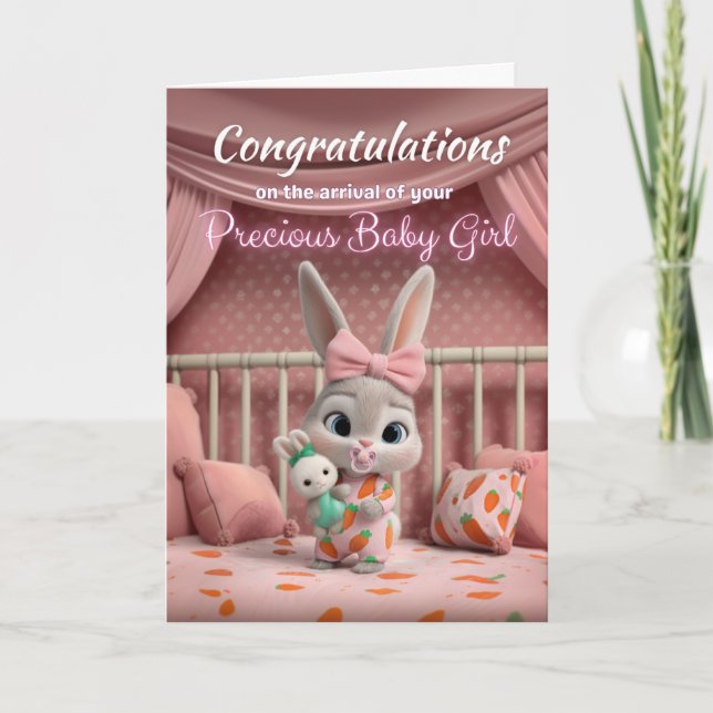 Älsklig kanin bebis i rosa Grattis på bebis flicka Kort (Framsida)