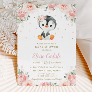 Älsklig Pingvin Rosenskär Blommig Flick Babyfirand Inbjudningar