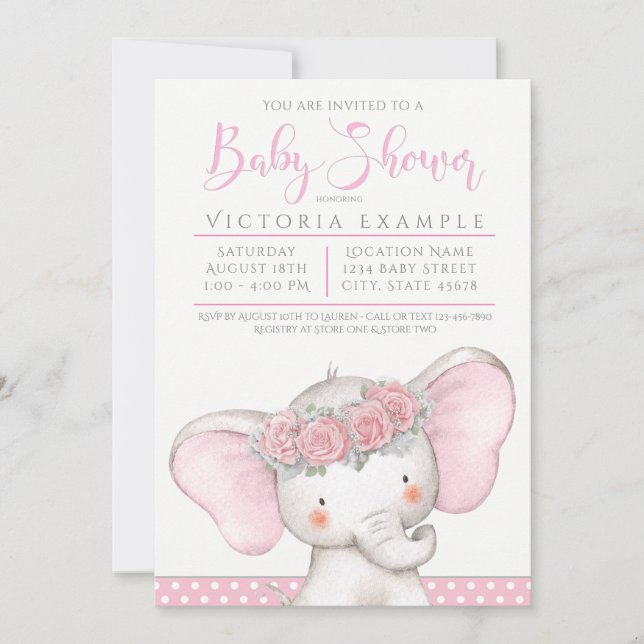 Älsklig Rosa Bebis Elefant Flickas Babyshower Inbjudningar (Framsida)