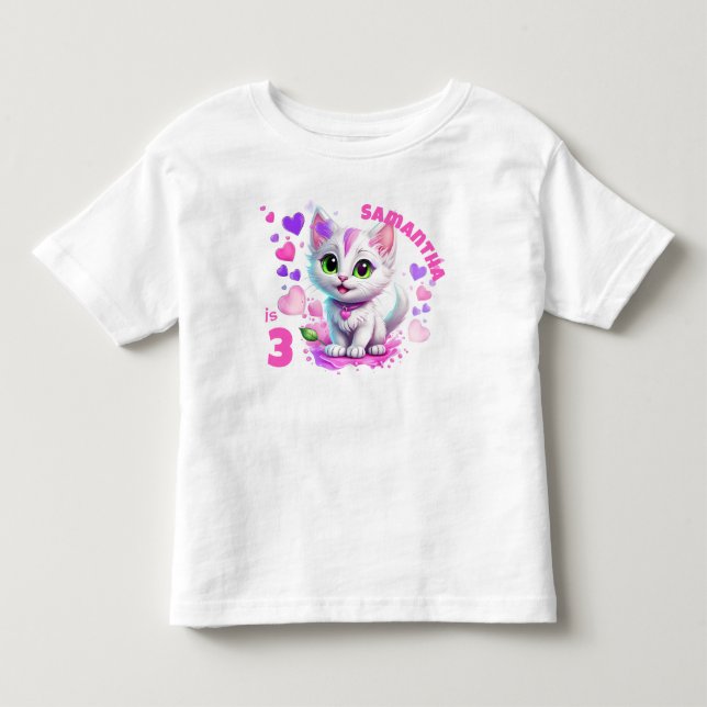 Älsklig Rosa & Vit Kattunge och Hjärtans Födelseda T Shirt (Framsida)