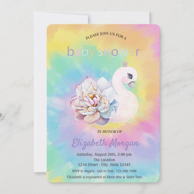 Älsklig svan blomma tie-dye baby shower  inbjudningar (Framsida)