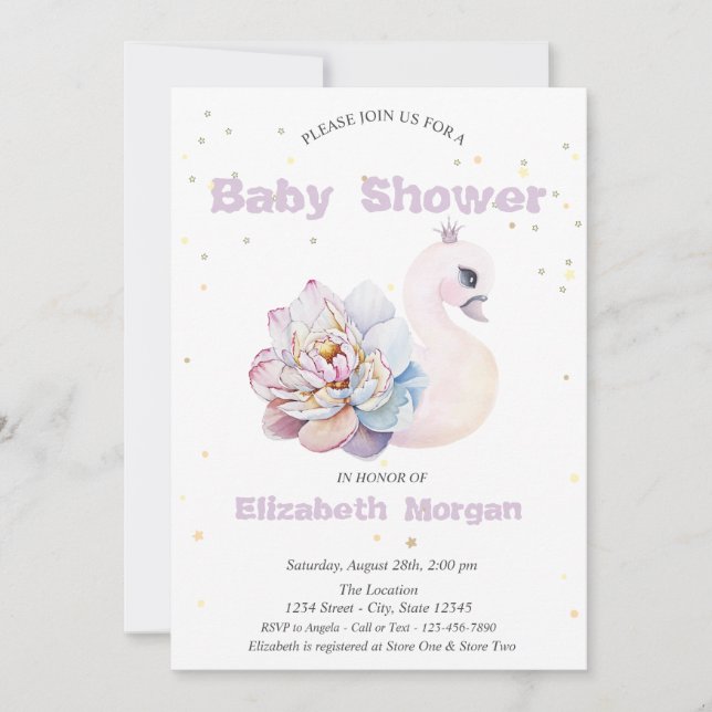 Älsklig svan stjärnor blommor baby shower inbjudningar (Framsida)