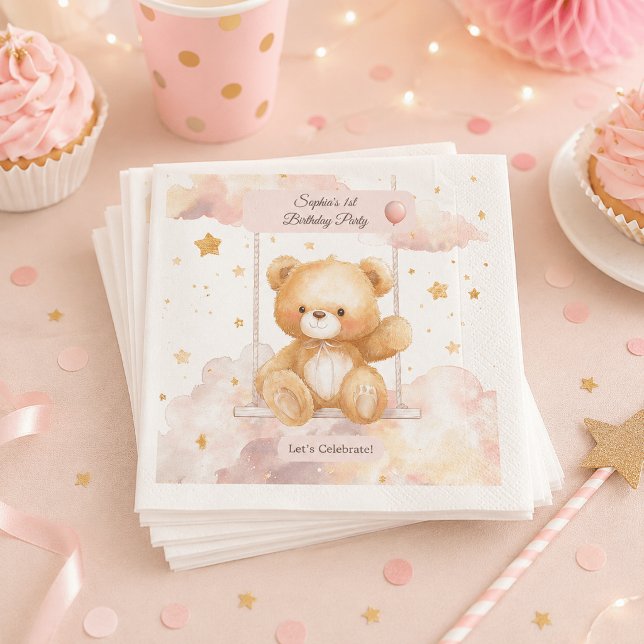 Älsklig Teddybjörn Födelsedag – Anpassad Ölkopp Pappersservett (Skapare uppladdad)
