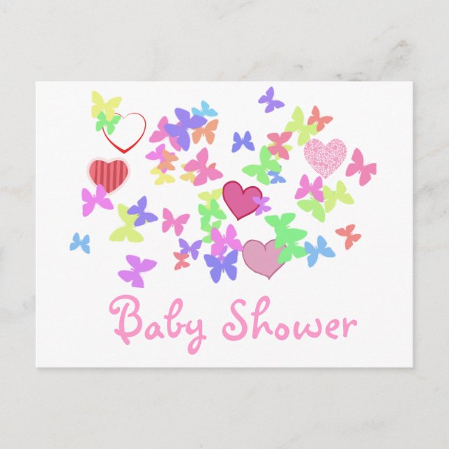 älskliga rosa fjärilar och hjärtan baby shower inbjudan vykort (Framsida)