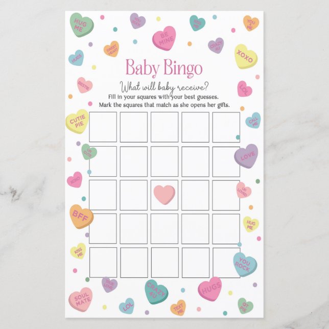 Älskling Candy Baby Bingo Baby Shower Game (Framsida)