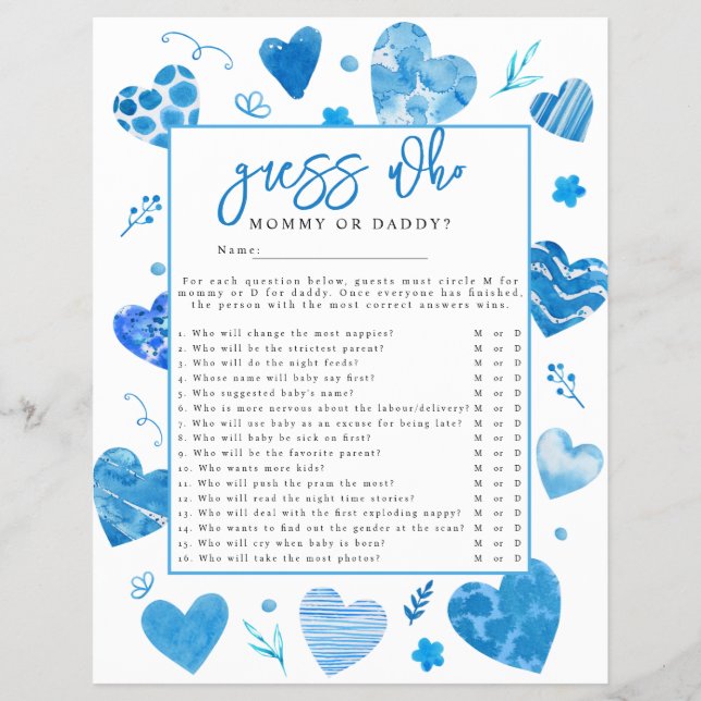 Älskling 'Gissa vem' Baby Shower-spel Reklamblad (Framsidan)