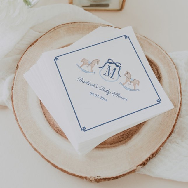 Älskling Monogram Gunghäst Baby Shower Fest Pappersservett (Smart monogram crest rocking horse baby shower napkins with dark blue accents)