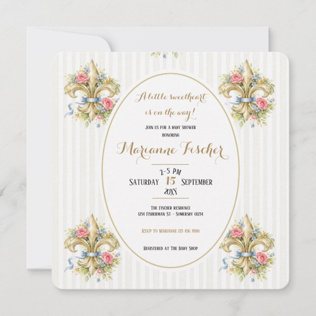 Älskling neutral Fleur de Lys baby shower inbjudan (Framsida)