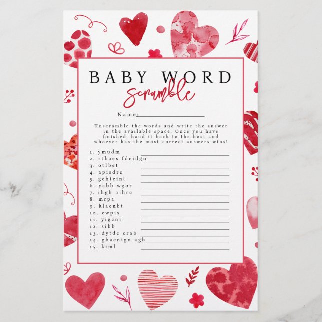 Älskling 'Ordspelet' Baby Shower-spel (Framsida)