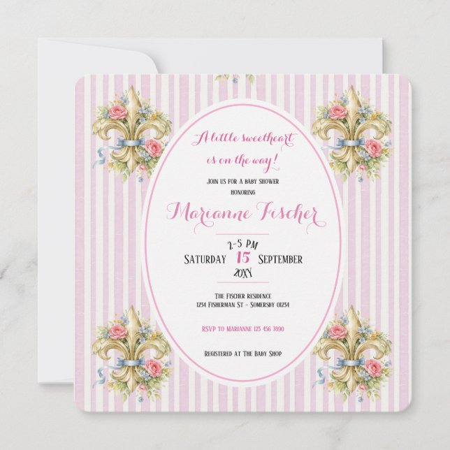 Älskling rosa Fleur de Lys baby shower inbjudan (Framsida)