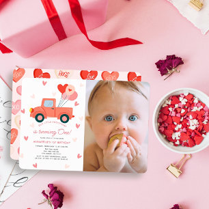 Älskling Rosa Lastbils Foto Flicka 1-års Födelseda Inbjudningar