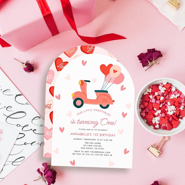 Älskling Rosa Scooter Ballonger Flicka 1-års Födel Inbjudningar (Skapare uppladdad)