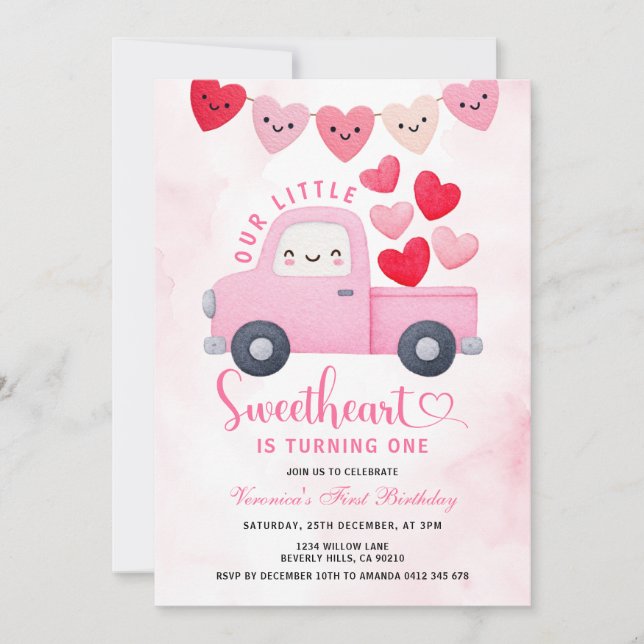 Älskling Valentine 1-års födelsedags lastbilsballo Inbjudningar (Framsida)