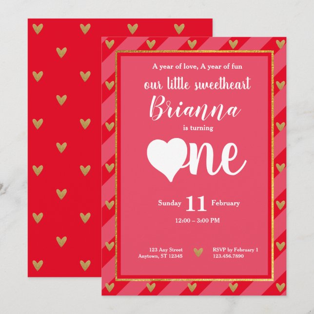 Älskling Valentine Hearts första födelsedag Inbjudningar (Fram/baksida)