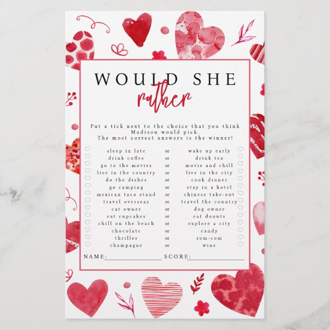 Älskling Väljer Hon Hellre Baby Shower-spel (Framsida)