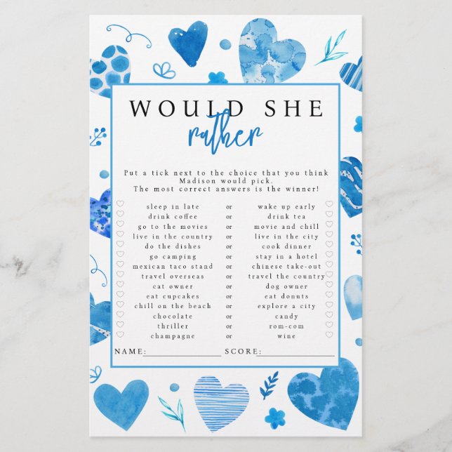 Älskling Väljer Hon Hellre Baby Shower-spel (Framsida)