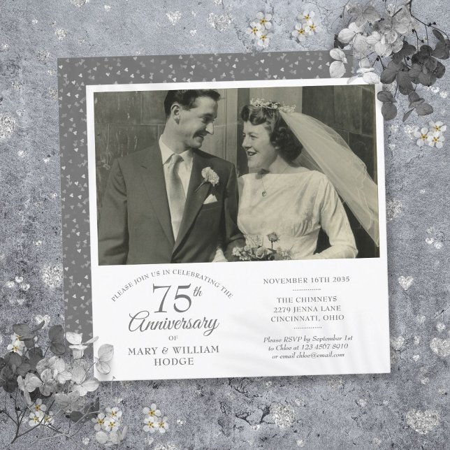 Älsklingshjärta Konfetti Bröllopsfoto 75-årsjubile Inbjudningar (Love Heart Confetti Wedding Photo 75th Anniversary Invitation)