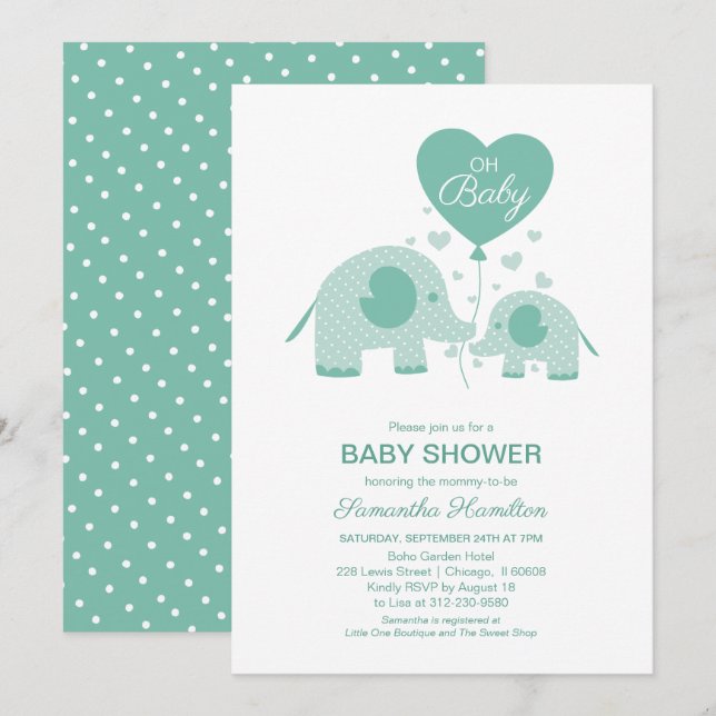 Älskvärd mintgrön elefant baby shower inbjudningar (Fram/baksida)