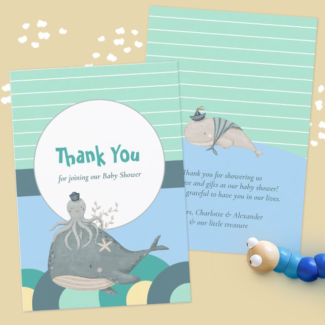 älskvärd nautisk val bläckfisk grön baby shower tack kort (Lovable Nautical Whale Squid Green Baby Shower Thank You Card ©Susanne Sachers - Sunny Mind Design )