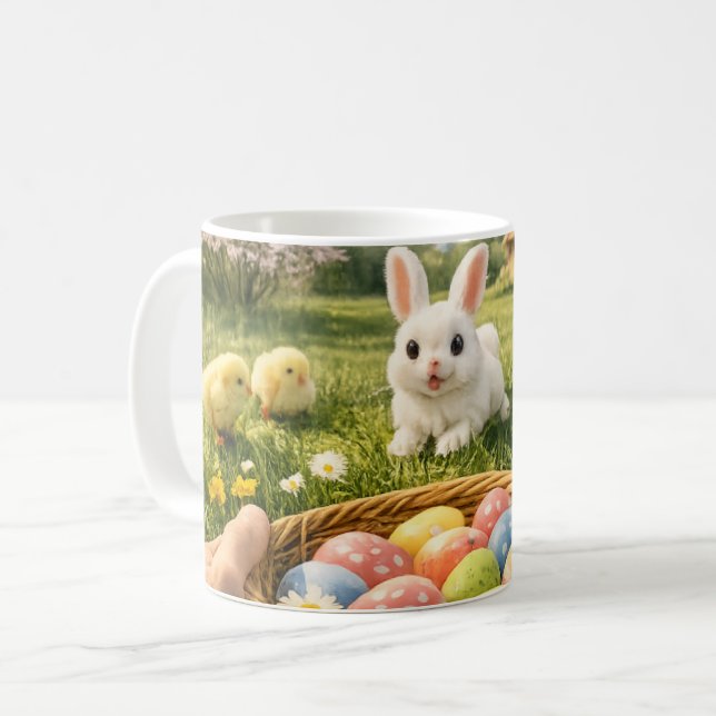 Älskvärd påskmugg – Kanin, kycklingar & pastella ä Kaffemugg (Framsida vänster)