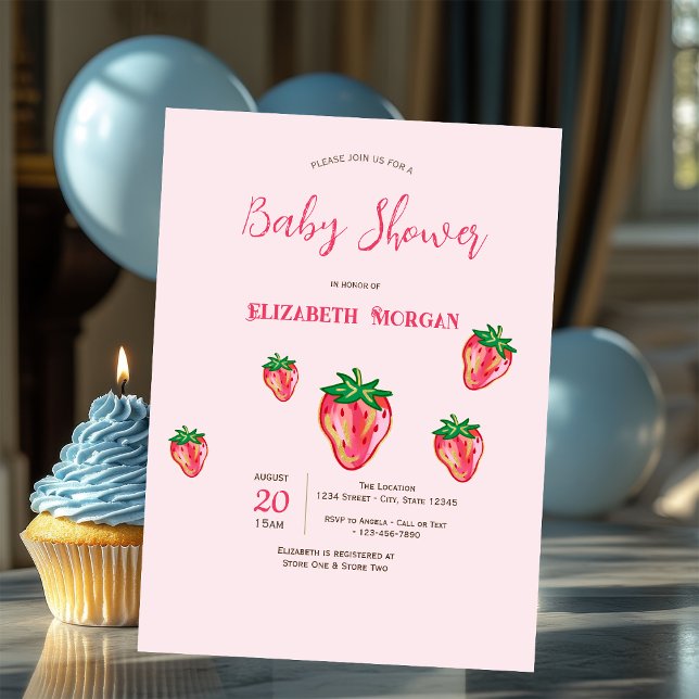 Älskvärda glitterjordgubbar prickar baby shower inbjudningar (Skapare uppladdad)
