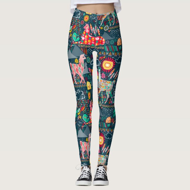 Älskvärda Llamas på blåttdamasker Leggings (Framsida)