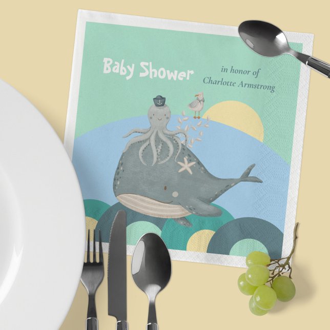 älskvärda nautiska val bläckfisk grön babyfirande pappersservett (Lovable Nautical Whale Squid Green Baby Shower Napkins ©Susanne Sachers - Sunny Mind Design 🌞)