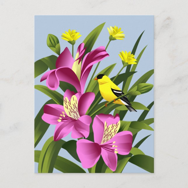 Alstroemeria Flower och Goldfinch Vykort (Framsida)