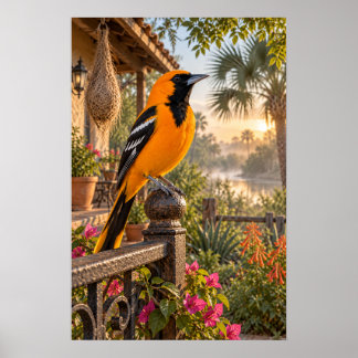 Altamira Oriole på en trädgårds uteplats vid solup Poster